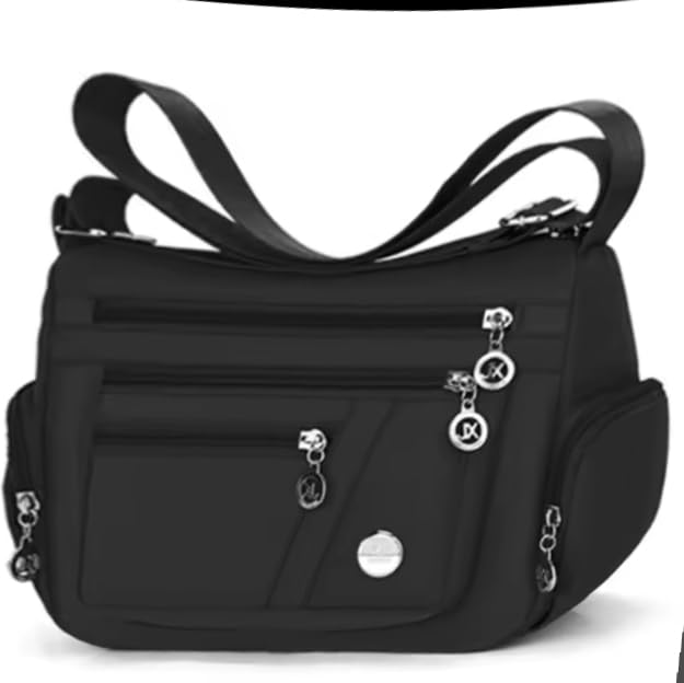 Bolsa Tiracolo Feminina Preta,.Multi-Compartimentos com Zíper, Alça Ajustável 25 cm de largura, 20 cm de altura com 10 de fundo