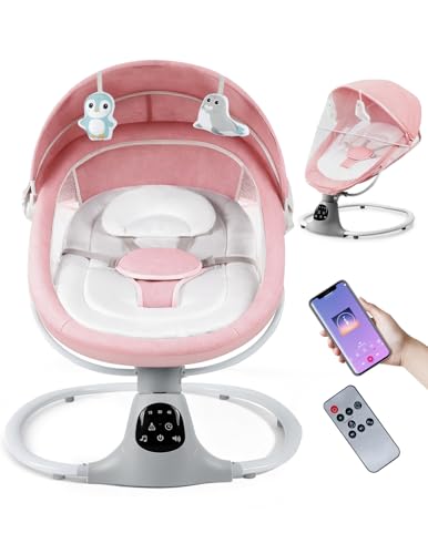 Image of Electric Baby Swing for Infants to Toddler, 12 Music, Remote Control and Bluetooth, Portable Swing for Baby Boy Girl with 5 Swing Speed, Multifunction Rocker(Light Pink)