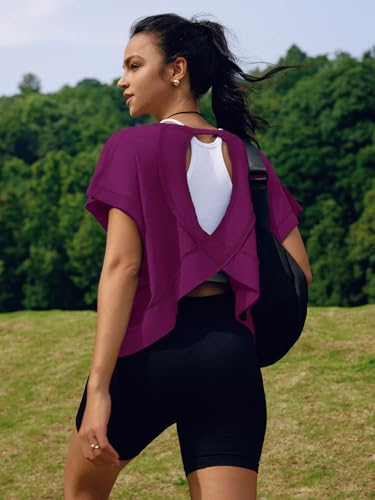 Image of SENSERISE Womens Open Back Workout Tops Backless Short Sleeve Athletic Shirt Running Crop Top Gym Yoga Tee