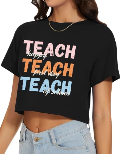 Image of Womens Crop Tops Summer Short Sleeve Round Neck T-Shirts Loose Fit Blouse