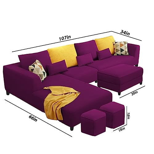Image of Galib LHS 8 Seater L Shape Sofa Set with Ottoman & 2 Puffy for Living Room (Purple) Premium Fabric