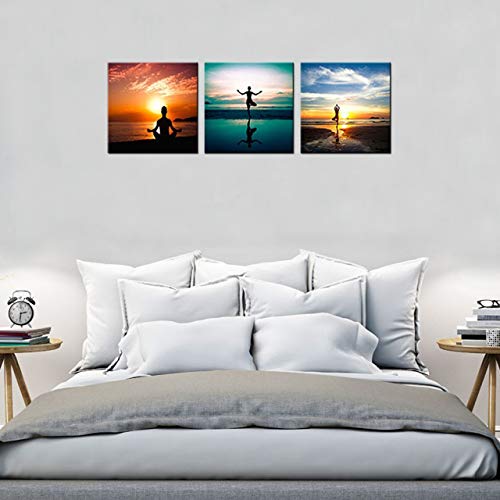 3 Panels Seaside Painting Do Excerise Yoga On The Beach Picture Printed On Canvas Wall Art For Home Decoration Stretched And Framed Ready To Hang (30X30Cmx3Pcs) #TOP2