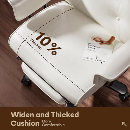 SeekFancy Criss Cross Chair with Wheels and Arms, Reclining Office Chair with Footrest and Wide Seat, Leather Big and Tall Desk Chair 400LBS, Button Tufted Vintage Design, White