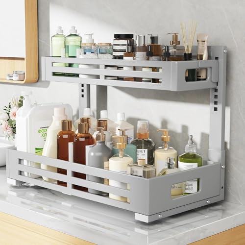 Image of 2 Pack 21IN-Depth Under Sink Organizer,Pull Out Cabinet Organizer With Smooth Cylindrical Rail,Metal Slide Out Drawer for Kitchen Bathroom Laundry,8-Level Tool Free Height Adjustable-Gun Gray
