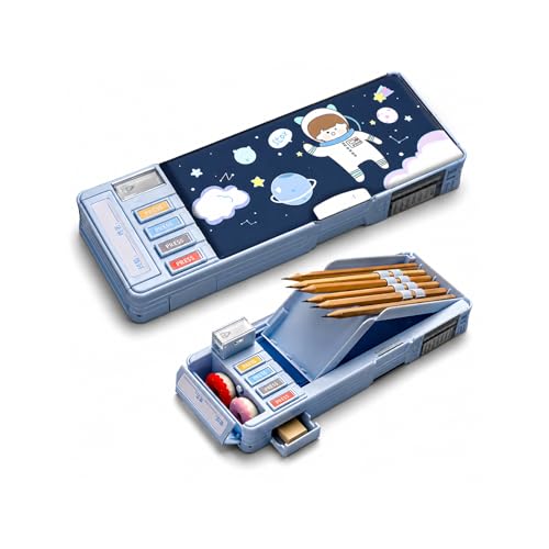 Image of WISHKEY Astronaut Theme Pencil Box for Kids, Dual Side Pencil Box with Magnetic Lock, Multifunctional Pencil Case with Pencil Holder, Storage Compartments, Built-in Sharpener (Pack of 1, Blue)