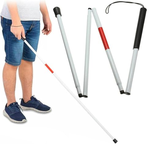 Bastón Ciego Plegable,124cm Caña de Caminar,Bastón Blanco Aluminio,4 Secciones Palos Ciegos Plegables para Adultos Mayores Y Personas con Baja Visión