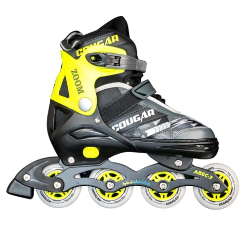 Image of COUGAR Zoom ABEC-7 Inline Skates - Adjustable Professional Skates for Men, Women & Teens - XL Size (42-45) - 4 PU Wheels with Hybrid Aluminium Frame - High Grip Speed Skates - Neon Yellow
