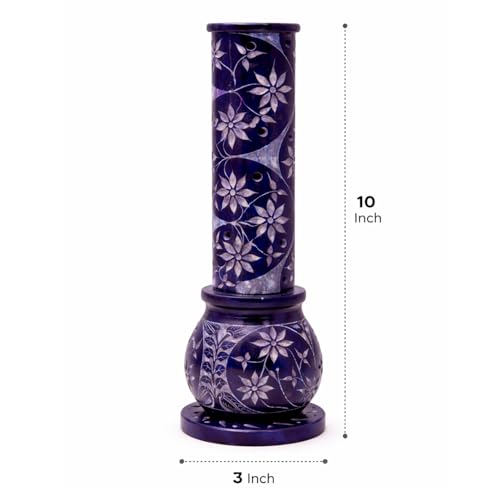 Image of Marble Soapstone Incense Holder, Blue, 3x3x10 Inches | Handmade, Round Carving, Candle Burner, Tea Light Holder, Decorative Home and Office Decor