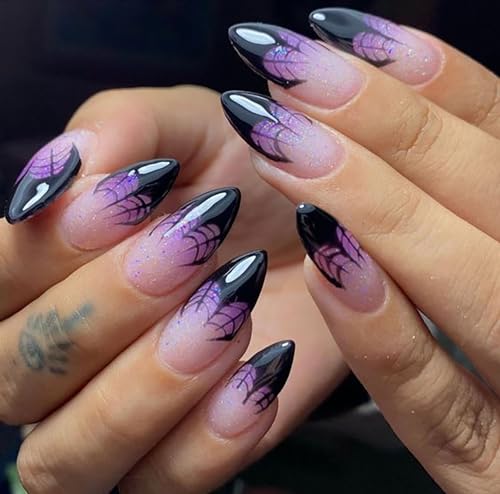 Halloween Press on Nails Medium Almond French Tip Fake Nails Purple Gradient Full Cover Spider Web False Nails with Designs Glossy Glitter Glue on Nails Artificial Acrylic Nails for Women Girls 24Pcs