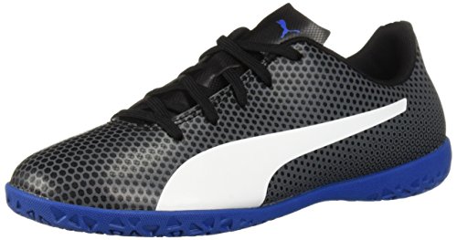 Puma Unisex-Child Spirit Indoor Trainer Soccer Shoe, Black White-Iron gate-Royal Blue, 13 M US Big Kid