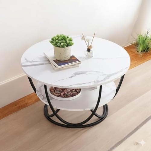 Image of Shoppee Coffee Table - Modern 2-Tier with Faux Marble Top and Gold Metal Frame - Stylish Center Table for Living Room, Sofa Table, Elegant Cocktail Table for Home, Office, Black & White