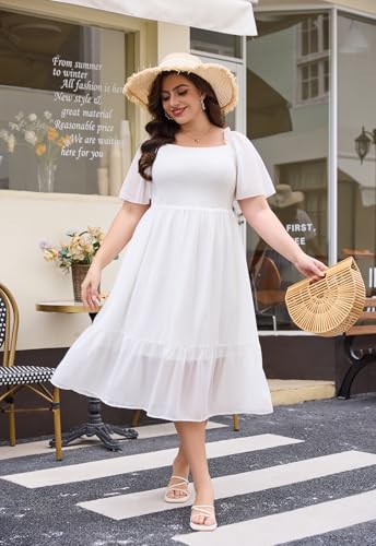 Image of Keluummi Plus Size Wedding Guest Maxi Dresses for Curvy Women, Summer Casual Boho Floral Smocked Empire Waist A Line Sundress(16 Plus, 07 - White)