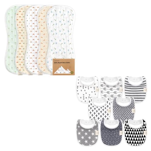 KeaBabies 5-Pack Muslin Baby Burp Cloths and 8-Pack Baby Bibs for Girls & Boys - White Cotton Burp Cloth - Teething Baby Bibs for Boy, Girl