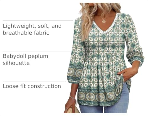 Image of OFEEFAN 3 /4 Length Sleeve Womens Tops 2026 Blouses for Women Dressy Casual Fashion Clothing V Neck Babydoll Tops Fall Outfits