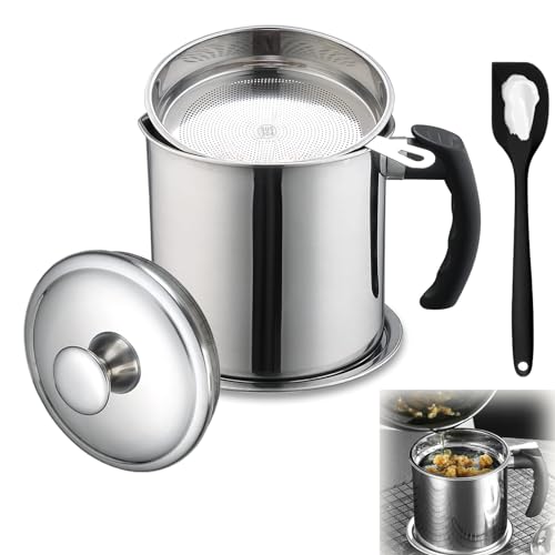 Generic Bacon Grease Saver with Strainer - With Food-Grade Silicone Spatula and Bottom Tray, 44oz Stainless Steel Fat Cooking Oil Filter Container for Home Kitchen Storage of Fryer Oil (44OZ/1.3L)