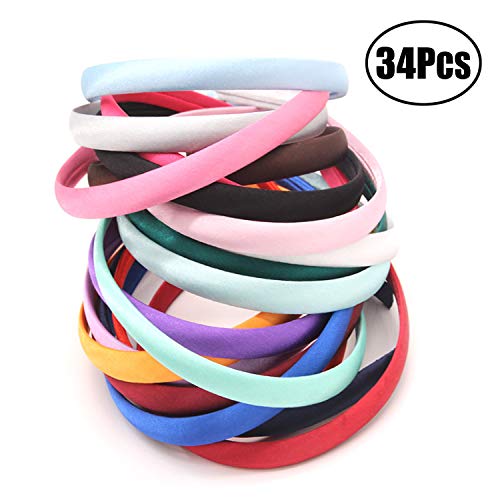 JZZJ 34 Piezas 10 mm Diademas de Satén de Niñas Cinta Cubierta de 36 cm de Perímetro Accesorios de Peinado, Multicolor