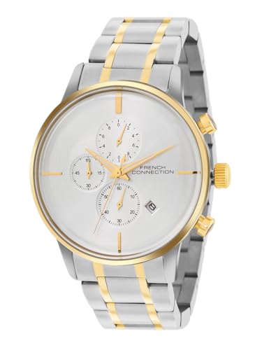 Image of French Connection Silver Embossed Round Dial | Gold Stainless Steel Mesh Strap Chronograph Watch for Mens FCO5TM