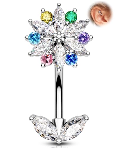 OUFER Rook Piercing Schmuck Blume Augenbrauenpiercing 16G 316L Chirurgenstahl Knorpelohrringe Helix Tragus Curved Barbell Mehrfarbig CZ Augenbrauen Piercings Für Frauen 8mm