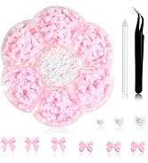 300Pcs Bow Nail Charms and Flatback Pearls,Pink Bowknot 3D Cute Nail Charms for Acrylic Nail Supp...