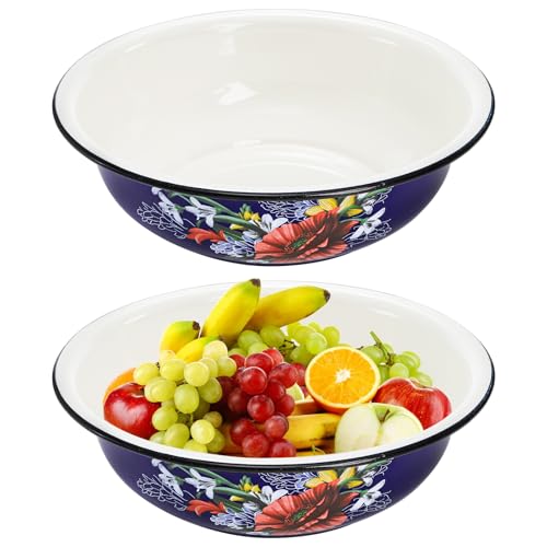 Lawei Set of 2 Enamel Bowl 4 Quart Large Enamel Salad Serving Mixing Bowl with Black Rim Vintage Enamelware Plate Dish for Fruit Salad Pasta Soup Dinner Round Dough Making Bowl Washing Basin 12in