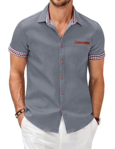 COOFANDY Herren Hemden Kurzarm Jeanshemd Freizeithemden Kurzarm Sommer Hemd Denim Hemd Slim Fit Cowboy Shirt Kurzarmhemd Business Hemd für Herren Hemd Männer Hellgrau M