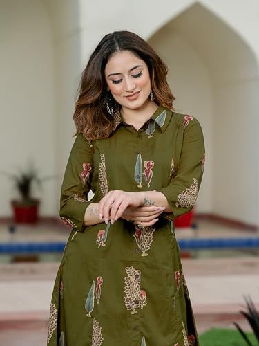 Image of Arayna Women's Pure Cotton Printed A-Line Kurta Set with Pants | Button-Down Collar Kurta