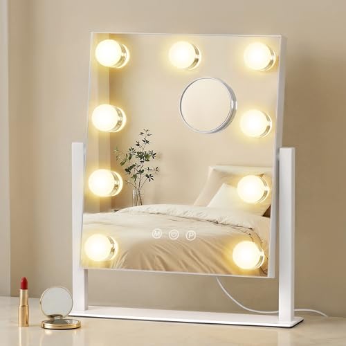 SONGMICS Miroir de Maquillage avec Lumières, 25 x 30 cm, 9 Ampoules LED, Miroir Grossissant Détachable 10x, 3 Températures de Couleur, Blanc Mat LWM005WC02