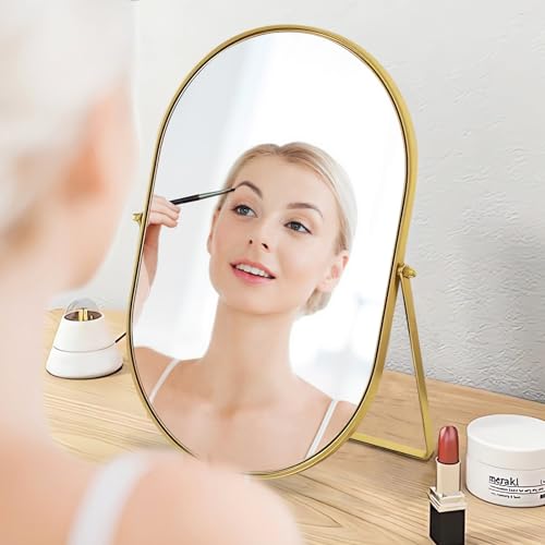Vanity Desk Table Mirror Oval Makeup Mirror 90°Adjustable Rotation Golden Metal Framed Standing Mirrors Room Decor for Living Room,Bedroom,Tabletop,Bathroom - Image 6