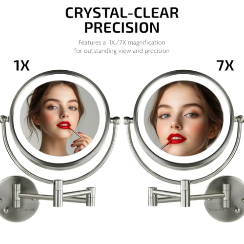 Image of OVENTE Hardwired Wallmount Bathroom Mirror, Nickel Brushed MPWD3185BR1X7X | 9 inch Double Sided Lighted Makeup Mirror with 1X /7X Magnification, Dimmable LED Lights, 360 Rotation, Extendable Folding Arm