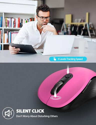 Image of Trueque Wireless Mouse for Laptop, Ergonomic 6-Button Mouse, Fuchsia | 2.4GHz USB receiver, back /forward buttons, 3 adjustable DPI levels, silent clicks, USB-C adapter, Windows /Mac /Chrome OS /Linux