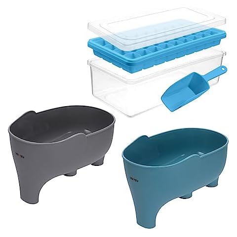 BPA Free Ice Cube Trays with Lid, Bin, and Scoop + Kitchen Elephant Sink Drain Baskets Value Bundle Cover