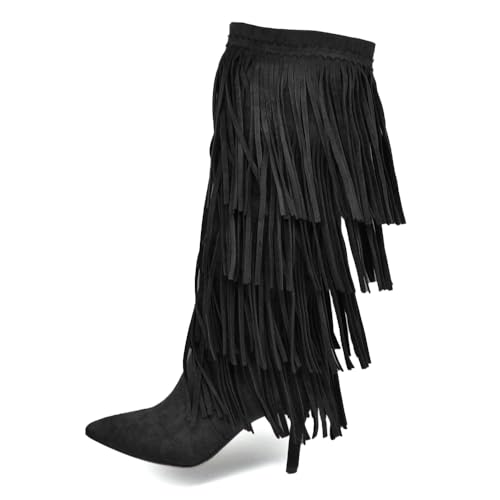 IF Stivali alti con 3 strati di frange in stile western a punta e tacco a spillo camoscio sintetico GA049 Nero N.40