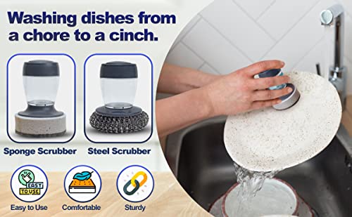 Dish Scrubber With Soap Dispenser - Set Of 2-1 Palm Sponge With Soap Dispenser Handle And 1 Palm Stainless Steel Scrubber With Handle - Dish Washing Scrubbers For Easier Cleaning #TOP1