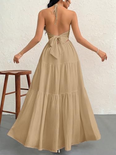 Image of Narecte Women's Maxi Summer Dresses Halter V Neck Beach Dresses for Women A-Line Casual Dress for Vacation