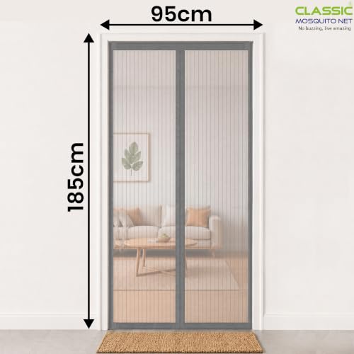 Image of Classic Mosquito Net Magnetic for Doors | Tear-Resistant Polyester Mesh | Auto-Closing Screen Door for Balcony & Kitchen | Easy DIY Installation | All Insect Protection (185 x 95 cm, Grey)