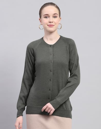 Image of Monte Carlo Womens Solid Blue Round Neck Full Sleeve Cardigan