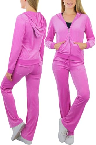ToBeInStyle Chándal de terciopelo para mujer con cremallera y pantalones a juego - rosa - Medium