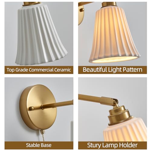 Image of Hardwired Wall Sconces Wall Lighting Set of 2, Modern Ceramic Gold Wall Sconce Light with Pull Chain Switch, Indoor Bedside Wall Lamp Light Fixture for Living Room Bedroom Kitchen Home Office Hallway