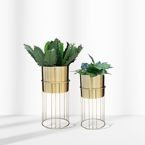 Image of Decorative Gold Metal Planters with Stand for Living Room Modern Indoor Planters and Flower Pots Set of 2 (Gold - Medium & Small)