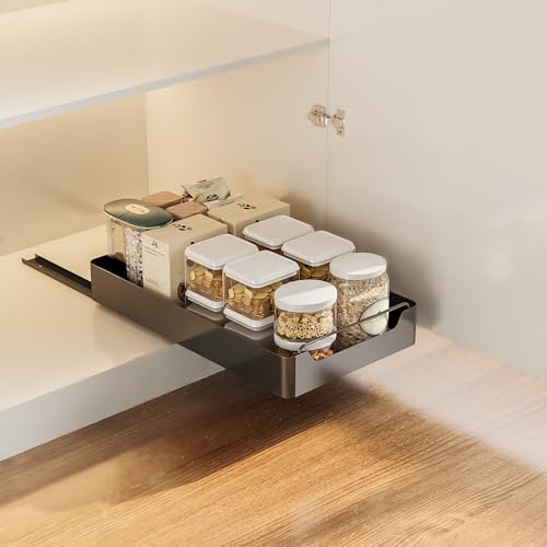 Cajón deslizante de cocina, estante para cocina, cajón telescópico, cocina, organizador de armarios, bandeja deslizante, cocina, salón, organizador de cocina, sin taladro, 20 x 43 x 7 cm, negro