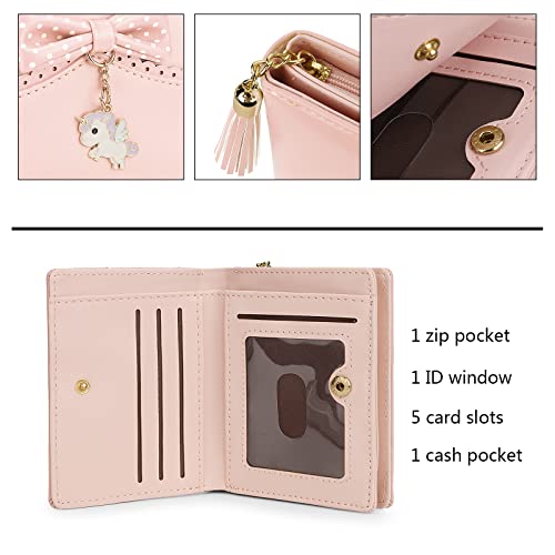 Uromee Girls Wallet Small Card Holder Women Purse Bifold Vegan Leather Zipper Coin Pocket Cute Unicorn Pendant Tassel4