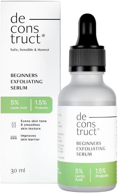 Deconstruct Beginners Exfoliating Serum 5% Lactic Acid (AHA) + 1.5% Probiotics | Face Peel to Brighten Skin, Even Dark Spots & Acne Marks, Strengthen and Smoothen Skin | 30ML
