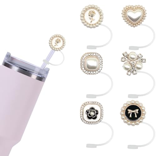 6Pcs Acrylic Straw Cover, Reusable Straw Toppers Drinking Straw Covers Cute Silicone Straw Cap For 10mm Stanley Straw Topper(pearl)