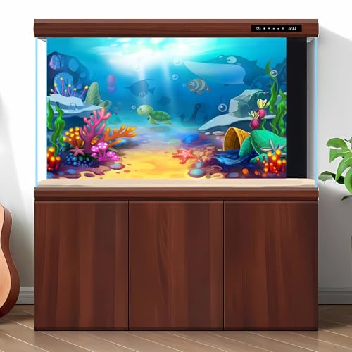 Image of Undersea Aquarium Background Cartoon Underwater Tropical Fish Coral Reef Terrarium Backgrounds Under The Sea World Theme Fish Tank Background Turtle Shark Blue Sea with Sunbeams Tank Decors 36x20in