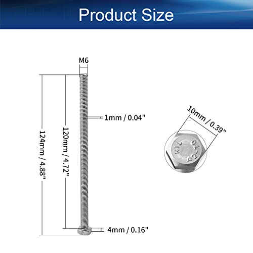 Image of M6-1 x 120mm Hex Bolt Hex Flat Head Cap Bolts Screws for High-Pressure Flow Pump Impellers Silver 4PCS