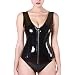 WOZOW Sexy V-Cou Pyjama en Cuir Zipper Vêtements De Nuit Lingerie Bretelle Robe Simili Mini Zippé Avant Décolleté Stretch Moulant(Noir,S)