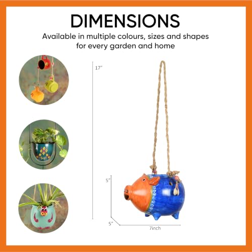 Image of AAKRITI ART CREATIONS Terracotta Hanging Planter | Blue Pig Design with Jute Hanger, Modern Art, Matte Finish | Decorative Hanging Pot for Indoor & Outdoor Home Decor