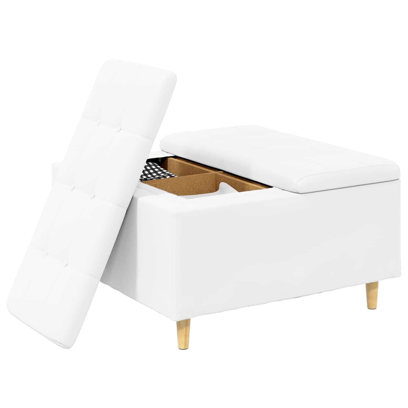 Sottomano bianco in ecopelle, 80 x 80 x 45 cm, con superficie imbottita e spazio nascosto, gambe in legno, versatile, per soggiorno, camera da letto, corridoio