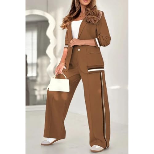 Womens 2 Piece Blazer Outfits Business Casual Oversized Jacket Wide Leg Work Pants Suits Spring Fall Dressy Ribbed Sets2