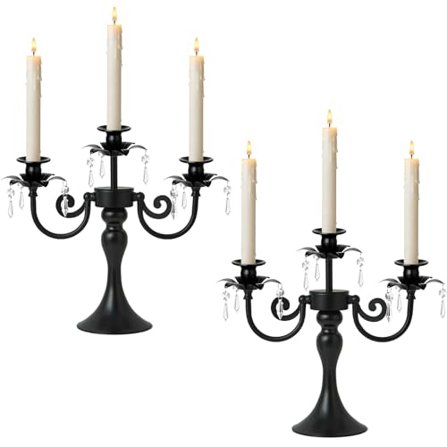 KEHAIL Metal 3 Arm Candelabra with Crystal Pendants - 11.8 Inch Tall Candle Holders Set of 2 - Elegant Taper Candlestick Stand for Wedding Dining Table Christmas Party Home Decoration (2 Black)